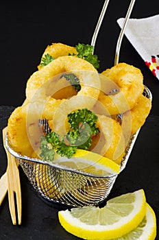 Spanish Cuisine. Tapas. Fried Squid Rings. Calamares a la Romana