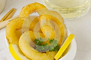 Spanish Cuisine. Tapas. Fried Squid Rings. Calamares a la Romana