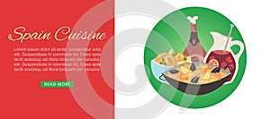 Spanish cuisine traditional dish Paella, beef meat leg and drink vector illustration for restaurant menu.