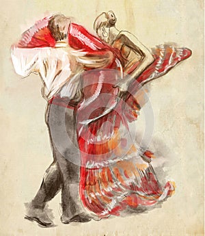 Spanish dancers. An hand drawn illustration, freehand sketching. photo