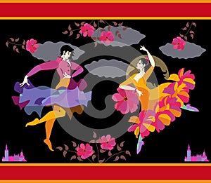 Spanish dancers in national clothes with fan and raincoat in their hands in form of flower and flying bird, dancing flamenco