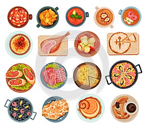 Spanish Dish and Food Served for Restaurant Menu as National Cuisine Big Vector Set