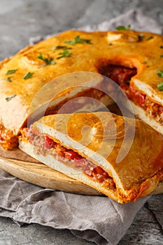 Spanish Empanada Gallega Galician Pork and Pepper Pie closeup on the board. Vertical