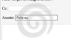 Spanish. Entering Email Subject Topic Happy Birthday in Online Box. Send Bday Surprise to Recipient by Typing E-Mail Subject Line