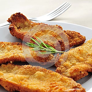 Spanish escalopa de pollo a la milanesa, breaded chicken fillets