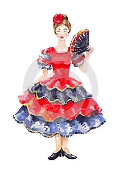 Spanish female dance costume. Woman in red dress with fluffy skirt with ruffles