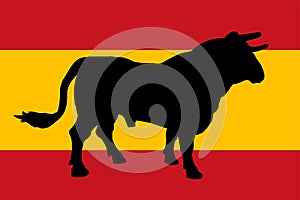 Spanish flag with Bullfight bull vector silhouette