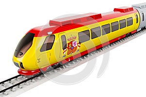 Spanish flag painted on the high speed train. Rail travel in the Spain, concept. 3D rendering