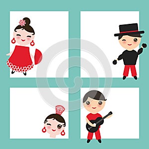 Spanish flamenco dancer card design, banner template. Kawaii cute face with pink cheeks winking eyes. Gipsy girl and boy, red blac