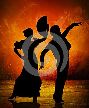 Spanish flamenco dancer couple on fire background