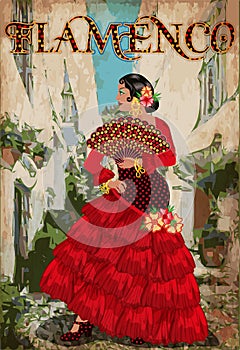 Spanish Flamenco dancer girl with fan , city background,