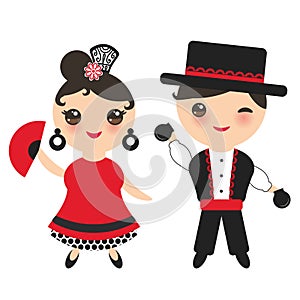 Spanish flamenco dancer. Kawaii cute face with pink cheeks and winking eyes. Gipsy girl and boy, red black white dress, polka dot
