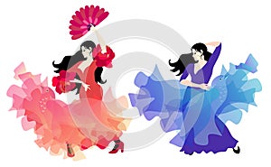 Spanish flamenco dancer in red dress, whose hem soars like bird, and gypsy girl in lilac-blue dress with shawl like a magic bird