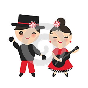 Spanish flamenco dancer set. Kawaii cute face with pink cheeks and winking eyes. Gipsy girl with guitar and boy with castanets, re