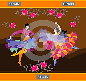 Spanish flamenco dancers dancing in flowered garden on background of hills. Cloak and shawl in the form of flying birds. Vector