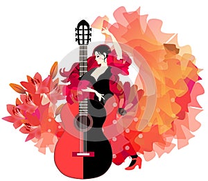 Spanish flamenco girl in a beautiful dress, the hem of which soars like a flame, a manton, a fan, a red-black guitar and bouquet