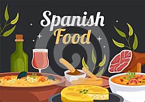 Spanish Food Cuisine Menu Restaurant with Various of Traditional Dish Recipe on Flat Cartoon Hand Drawn Templates Illustration