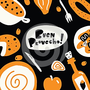 Spanish food menu template concept. Hand drawn illustrationand phrase Good appetite in spanish abuen Provecho. Vector. photo