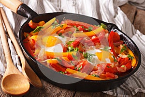 Spanish Food: pepper with fried egg in a pan close-up