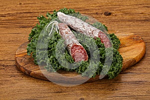 Spanish Fuet sausage with salad leaves