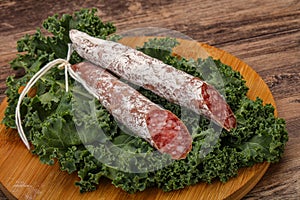 Spanish Fuet sausage with salad leaves