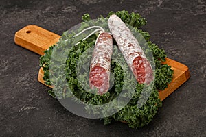 Spanish Fuet sausage with salad leaves