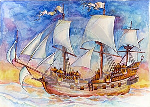 Spanish galleon is crossing the ocean