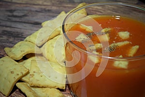 Spanish gazpacho with pieces of bread