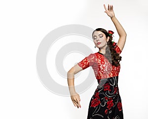 Spanish girl flamenco dancer on a light background. free space for your text