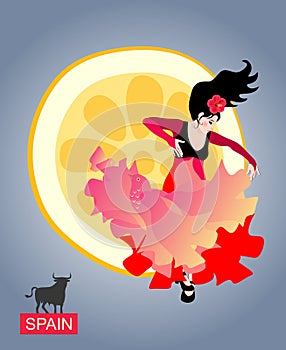 Spanish girl with a shawl, like a flying bird, dancing flamenco against the rising sun in the form of a piece of lemon.