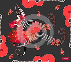 Spanish girl in vintage polka dot dress with ruffles on sleeves in form of roses, and with red flower in hair, dancing flamenco