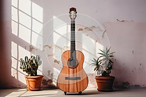 Spanish guitar in front of the wall. Generative AI