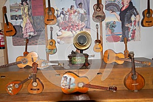 Spanish guitars in the Museo Lara de Ronda, Malaga. Andalusia. Spain. July 18, 2021