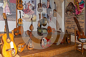 Spanish guitars in the Museo Lara de Ronda, Malaga. Andalusia. Spain. July 18, 2021