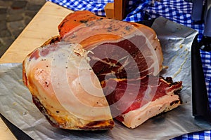 Spanish ham, bellota, jamon serrano, crudo, italian prosciutto, parma ham on table