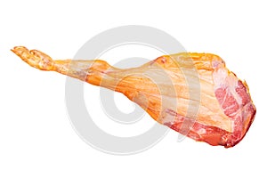 Spanish ham. Closeup of a front leg of traditional spanish Serrano ham Jamon or italian parma prosciutto crudo isolated on a