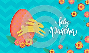 Spanish Happy Easter greeting card of egg and bunny paper cut on floral pattern background for Feliz Pascua. Vector spring floral photo