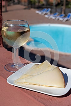 Spanish hard manchego, cow, sheep and goat cheese, cold white wine and blue swimming pool on background