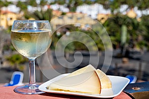 Spanish hard manchego, cow, sheep and goat cheese, cold white wine and blue swimming pool on background