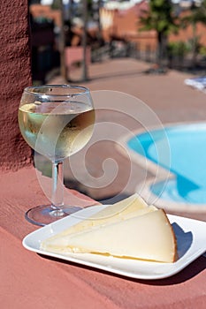 Spanish hard manchego, cow, sheep and goat cheese, cold white wine and blue swimming pool on background