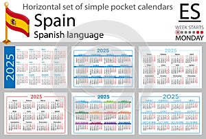 Spanish horizontal set of pocket calendar for 2025. Week starts Monday