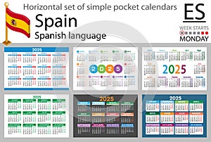 Spanish horizontal set of pocket calendar for 2025. Week starts Monday
