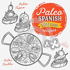 Spanish illustrations - tapas, paella for paleo diet