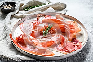 Spanish jamon Serrano, ham. Antipasto plate. Gray background, top view