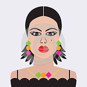Spanish lady with black hair, red lips, and colorful funky earrings and necklace on light blue background