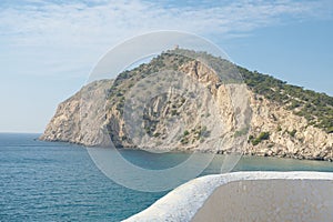 Spanish landscape. View to Mediterranean Sea, rocky shores, nature arround La Cala Villajoyosa with modern apartment