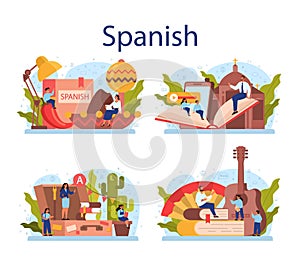 Spanish learning concept set. Language school spanish course. Study