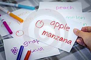 Spanish; Learning New Language with Fruits Name Flash Cards photo