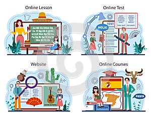 Spanish learning online service or platform set. Language school