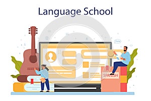 Spanish learning online service or platform set. Language school